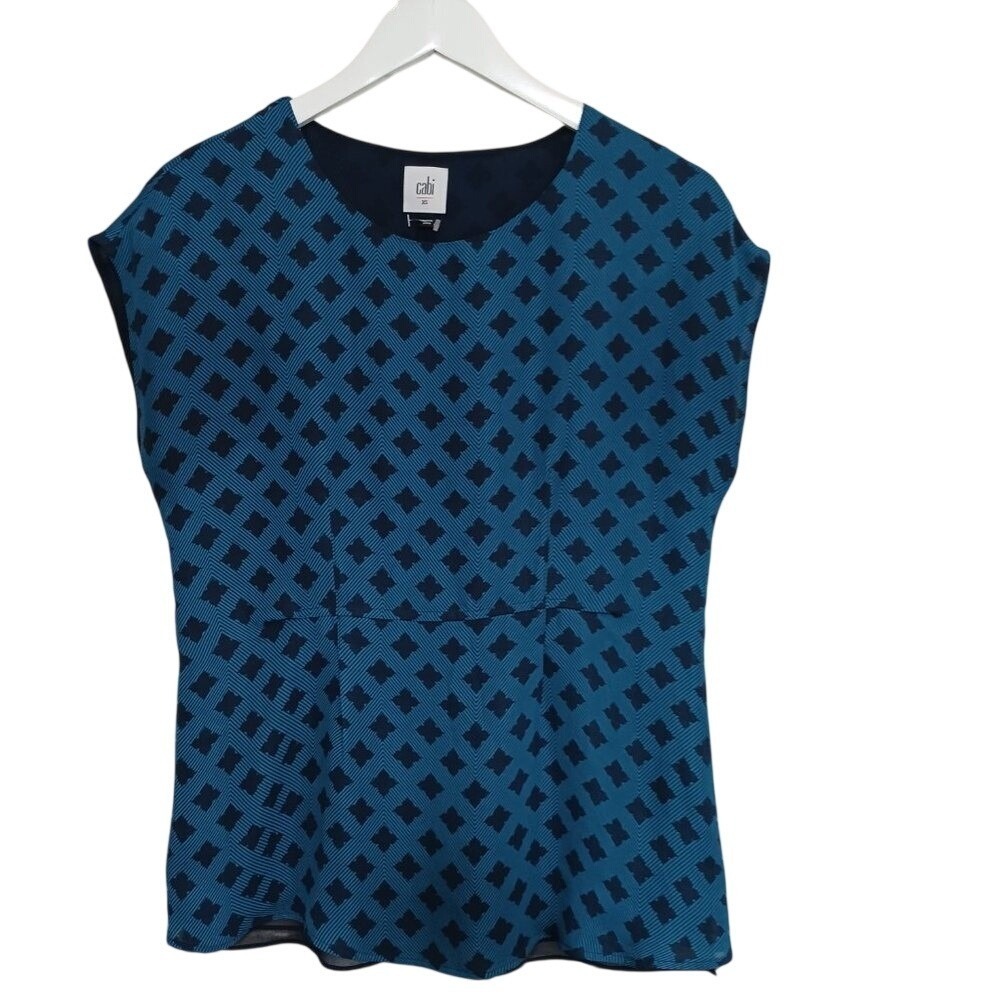 Cabi Teal Black Geometric Split Back Layered‎ Blouse XS Short Sleeve Round Neck